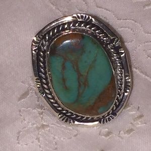 Antique Sterling Silver Green Turquoise Ring Copper Vein Native American Vintage